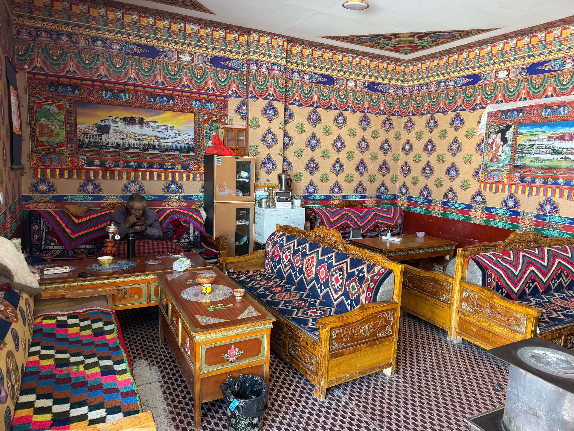 The painted tea-room interior of 1376 Homestay